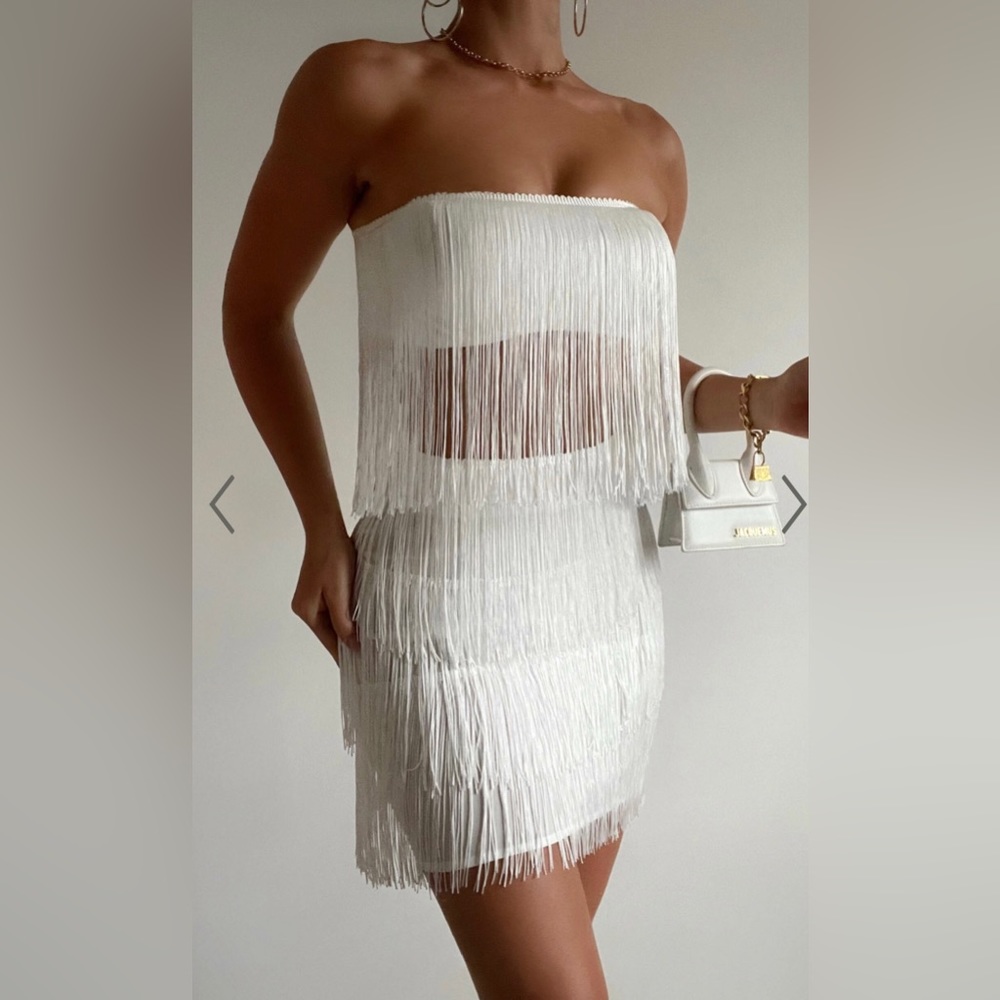 SIOFRA TWO PIECE SET - FRINGE CROP TOP AND MINI SKIRT IN WHITE